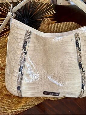 White House Black Market Cream Croc-Embossed Hobo with Snake-Trim